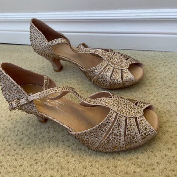 Glitzy Gold Ballroom Dancing shoes suede bottom - Picture 3 of 12